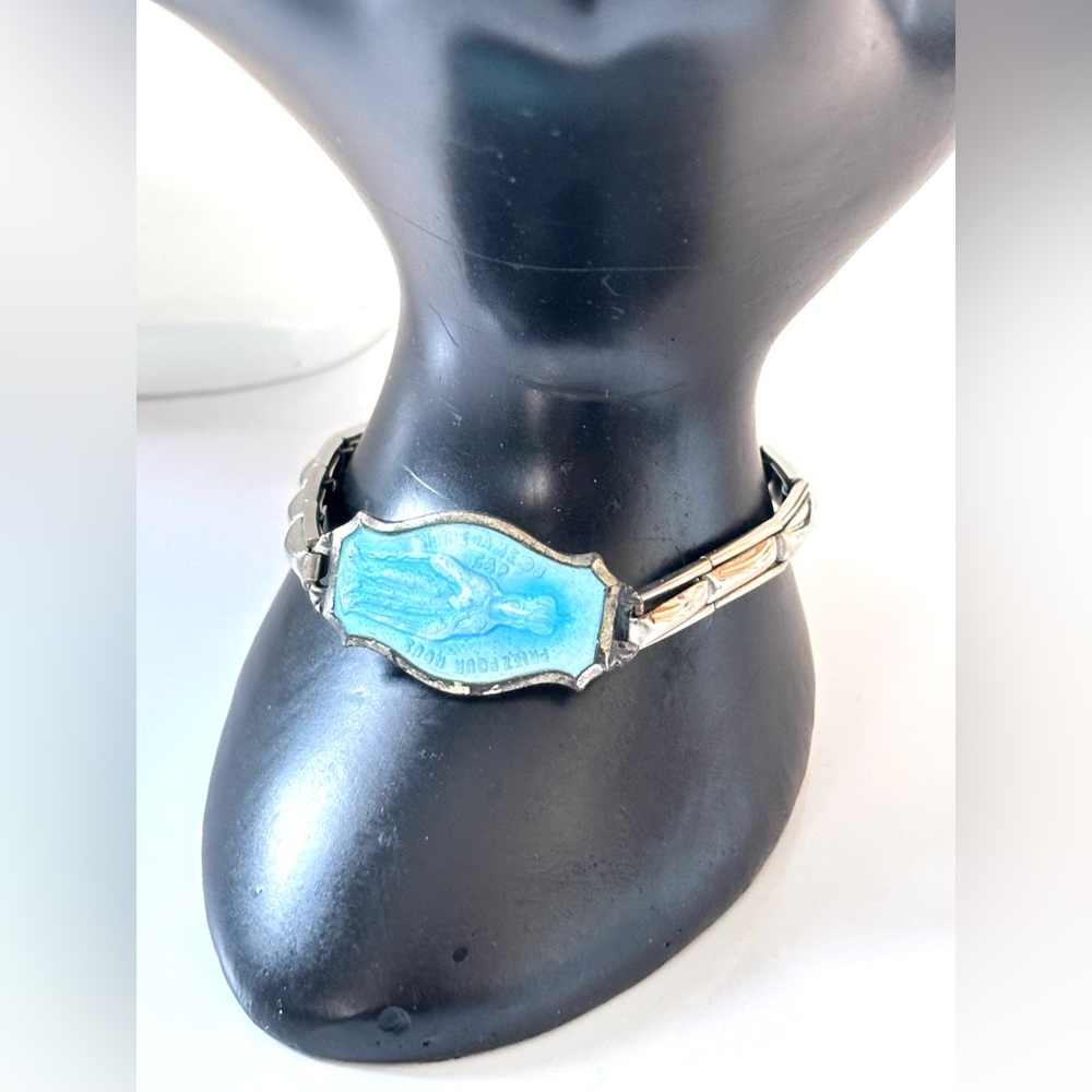 🦋2/25$ Vintage religious bracelet - Blue enameled medal - Souvenir 1714